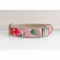 Hundehalsband mit Blumen, floral, romantisch, rosa und beige, Gurtband in beige, Halsband Bild 1