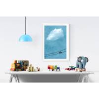 Vogelpaar auf der Stromleitung, weiße Wolke am Himmel, texturiertes Naturbild blau im Vintage-Look, Kinderzimmer-Dekoration, 45 x 30 cm, DIN A4 Bild 1