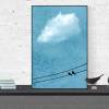 Vogelpaar auf der Stromleitung, weiße Wolke am Himmel, texturiertes Naturbild blau im Vintage-Look, Kinderzimmer-Dekoration, 45 x 30 cm, DIN A4 Bild 2