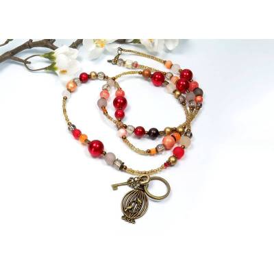 lange Bettelkette Halskette Kette rot goldfarben Wickelkette Vogelkäfig Schlüssel Unikat Handarbeit