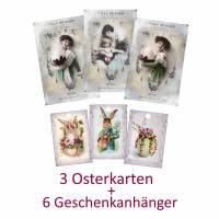 Ostern, Osterdeko, Postkarten / Osterkarten und 6 Geschenkanhänger mit Osterhasen, im Vintage Stil als Set No 4 Bild 1