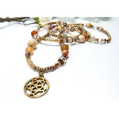 lange Kette Wickelkette bronzefarben goldfarben Mandala Bettelkette Unikat Handarbeit