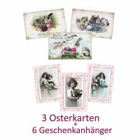 Ostern, Osterdeko, Postkarten / Osterkarten mit Hasenmotiven und 6 Geschenkanhänger, im Vintage Stil als Set No 5 Bild 1