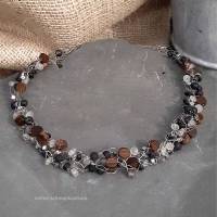 Halskette, Perlenkette gehäkelt aus Edelstahldraht mit Lava-, Holz- und Glasperlen Bild 1