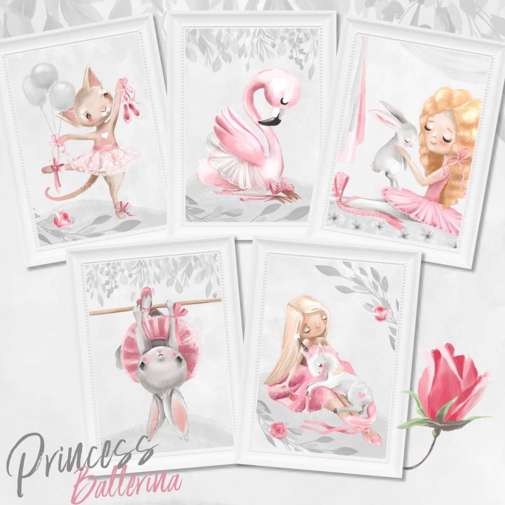 Kinderzimmer Poster Set (A3) Tiere Einhorn Prinzessin Ballerina