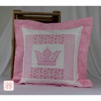 Kissenbezug, gestickte Krone, rosa-weiß Bild 1
