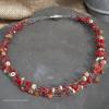 Halskette, Perlenkette gehäkelt aus Edelstahldraht mit Koralle, Holz und Keramik in Rottönen Bild 3
