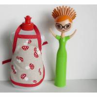 Spülischürze, Spülischürze mit Pilzen, Spülmittelflasche, Spüliflasche-Schürze, Spülmitteflaschen-Schürze, beige mit roten Pilzen Bild 1