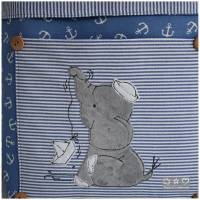 Utensilo blau/weiß gemustert mit Doodlestickerei 'Matrosenelefant' und Außentasche Bild 2