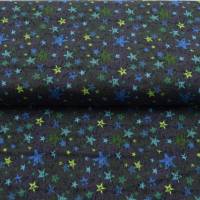 Baumwolljersey Druck Sterne türkis kiwi blau auf grau für alle Sternefans Kinder Mitwachshose nähen Meterware Bild 1