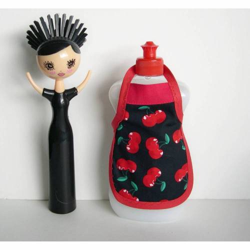 Spülischürze rote Kirschen, Schürze für Spülmittelflasche, Spüliflasche-Schürze, Spülmitteflaschen-Schürze, Spülischürze mit Kirschen,