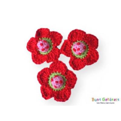 3 Häkelblümchen, Häkelapplikation, Häkelblume, Applikation, Aufnäher, Blumen rot rosa