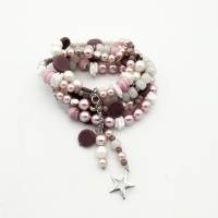 Mehrreihiges Perlen-Armband mit Stern-Anhänger in rosa weiß silber, elastisch und flexibel anpassbar Bild 1