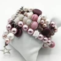 Mehrreihiges Perlen-Armband mit Stern-Anhänger in rosa weiß silber, elastisch und flexibel anpassbar Bild 3