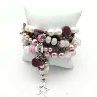 Mehrreihiges Perlen-Armband mit Stern-Anhänger in rosa weiß silber, elastisch und flexibel anpassbar Bild 6