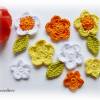 11-teiliges Häkelblumen-Set mit Blättern - Häkelapplikation - Tischdeko - weiß,gelb,grün und orange Bild 3
