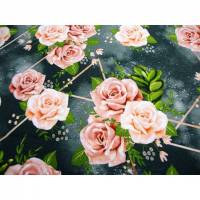 Baumwolljersey Stoffe Blumen rosafarbene Rosenblüten mit Blättern auf grau mit geometrischem Muster Öko Tex Bild 1