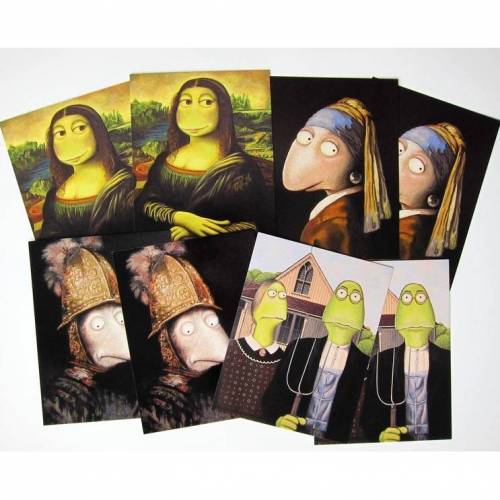 8 KUNZTPOSTKARTEN im "Klassiker-Set ", alte Meister, Rembrandt, Mona Lisa, Perlenohrring, Goldhelm, Kunstpostkarten, witzige Postkarten