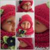 Strickset Mütze und Schlauchschal Baby Kleinkind Rot mit abnehmbaren Häkel- Blüten in Lindgrün und Dunkelblau Bild 10