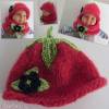 Strickset Mütze und Schlauchschal Baby Kleinkind Rot mit abnehmbaren Häkel- Blüten in Lindgrün und Dunkelblau Bild 4