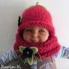 Strickset Mütze und Schlauchschal Baby Kleinkind Rot mit abnehmbaren Häkel- Blüten in Lindgrün und Dunkelblau Bild 8
