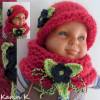 Strickset Mütze und Schlauchschal Baby Kleinkind Rot mit abnehmbaren Häkel- Blüten in Lindgrün und Dunkelblau Bild 9