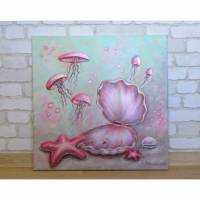 SCHIMMERNDE PERLENMUSCHEL III - Acrylgemälde auf Leinwand mit Seesternen, Muscheln und rosa Quallen Bild 1