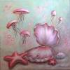 SCHIMMERNDE PERLENMUSCHEL III - Acrylgemälde auf Leinwand mit Seesternen, Muscheln und rosa Quallen Bild 2