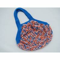 Häkeltasche Einkaufstasche Einkaufsnetz in blau orange bunt aus Baumwolle mit Schulterriemen gehäkelt Bild 1