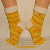 handgestrickte Socken, Strümpfe Gr. 41/42, Damensocken in sonnengelb, gelb, orange und natur, Einzelpaar Bild 1