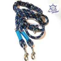 Leine Halsband Set blau goldbeige weiß, für mittelgroße Hunde, verstellbar Bild 1