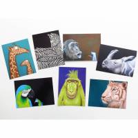 KUNZTPOSTKARTEN im 7er Set - 7 Postkarten, Kunstpostkarten, Postkarten, Glückwunschkarten, Zebra, Affe, Tiger, Ara, Papagei, Karten Tiere Bild 1