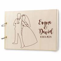 Gästebuch Hochzeit Holz personalisiert mit Namen Lasergravur DIN A4 quer 300x215 mm, 50 Blatt 300 gr Papier Gravur Hochzeitsgästebuch Bild 1