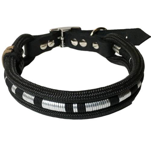 Edles Hundehalsband verstellbar schwarz silber Leder und Schnalle Edelstahl