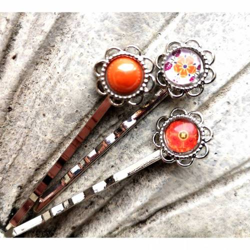 3 Haarklemmen, Haarspangen, mit Cabochon, Glascabochons, silber, bunt