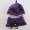 Strickset Mütze und Schlauchschal Baby Kleinkind Violett mit Häkelblüte Bild 4