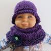 Strickset Mütze und Schlauchschal Baby Kleinkind Violett mit Häkelblüte Bild 6