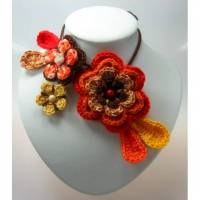 Kette gehäkelt Unikat Häkelkette Halskette Baumwolle Boho Collier orange braun gelb Einzelstück Bild 1