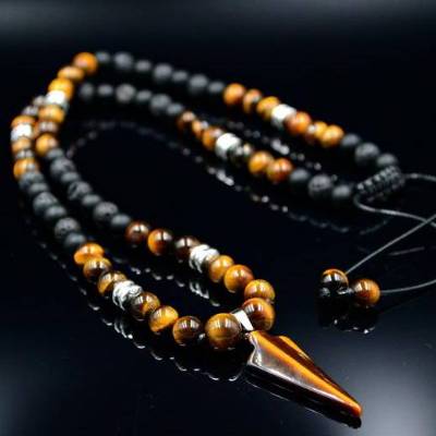 Herren Halskette aus Edelsteinen Tigerauge Onyx Lava Hämatit mit Anhänger, Länge 60 cm