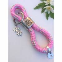 Schlüsselanhänger aus Segelseil/Segeltau, Zwischenstück "Das Leben ist schön", rosa, versilbertes Einhorn am Schlüsselring Bild 1