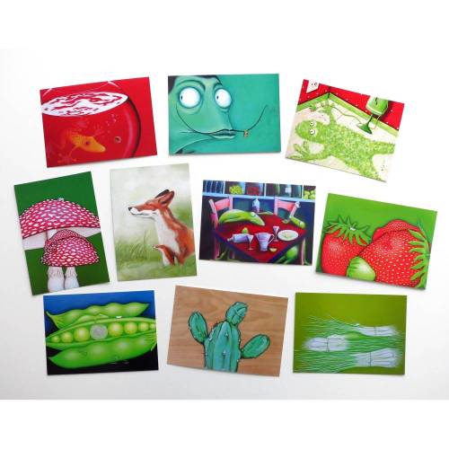 KUNZTPOSTKARTEN im 10er-Set, Postkarten, Kunstpostkarten, Karten, Tiermotive, Tiere, Frosch Karte, Kaktus, Fliegenpilz, Fuchs, Dali, Frosch