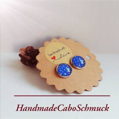 12mm Edelstahl Cabochon Ohrringe, Ohrstecker, Ohrhänger, Punkte, Dots, blau weiß