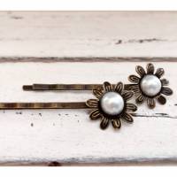 2 minimalistische Haarklemmen, Haarspangen,  mit Cabochon, Blume, Vintage-Stil, bronze, Haarnadeln,1 Bild 1