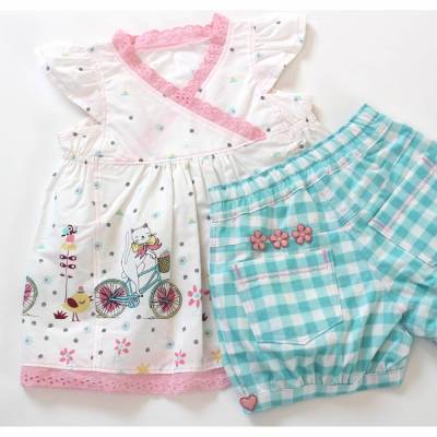 Süßes Set aus Sommerbluse und Bloomers - 92/98 Bluse weiß türkis kariert -Katze auf Tour-