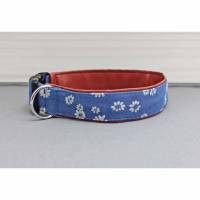 Hundehalsband mit Blumen, Jeans, blau und weiß, mit Kunstleder in braun Bild 1