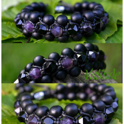 Herren Dreifach-Armband aus Edelsteinen Amethyst Achat und Onyx mit Knotenverschluss, Makramee Armband, 8 mm