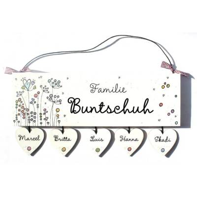 Türschild aus Holz für Familien handbemalt mit Blumen floral Pastell. Holzschild personalisiert mit Namen. Namensschild.