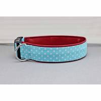 Hundehalsband mit Punkten, hellblau und weiß, gepunktet, mit Kunstleder in dunkelrot, Tupfen, Polka Dots, Hund, Halsband Bild 1