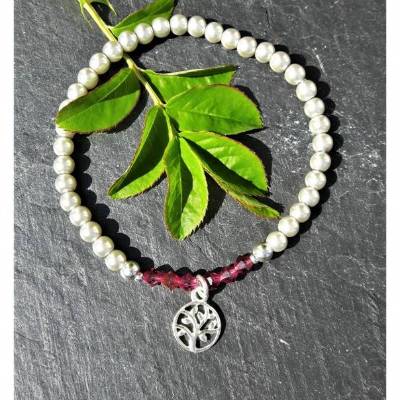 Perlenarmband hellgrau/fuchsia mit Baum des Lebens-Anhänger aus 925 Silber