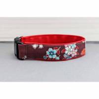 Hundehalsband mit Blumen, braun, hellblau und rosa, geblümt, mit Kunstleder in rot, Blumen, romantisch, vintage, Asia, Hund, Halsband Bild 1
